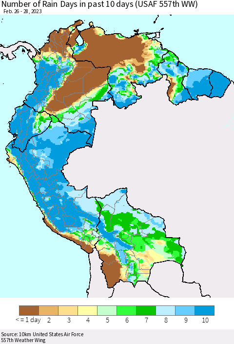 Northern South America Number of Rain Days in past 10 days (USAF 557th WW) Thematic Map For 2/26/2023 - 2/28/2023