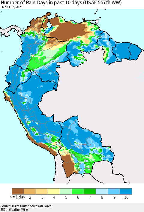 Northern South America Number of Rain Days in past 10 days (USAF 557th WW) Thematic Map For 3/1/2023 - 3/5/2023