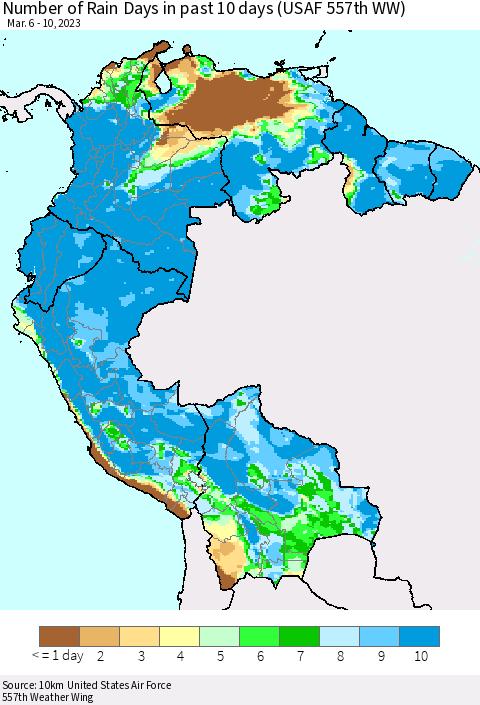 Northern South America Number of Rain Days in past 10 days (USAF 557th WW) Thematic Map For 3/6/2023 - 3/10/2023