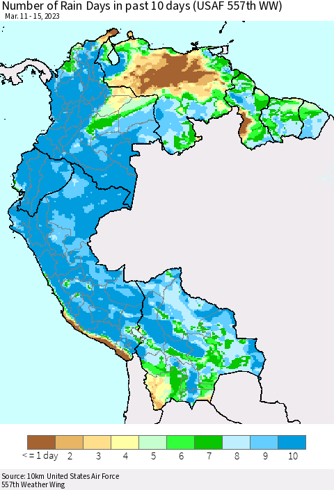 Northern South America Number of Rain Days in past 10 days (USAF 557th WW) Thematic Map For 3/11/2023 - 3/15/2023