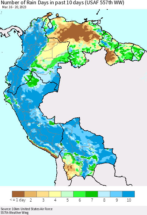 Northern South America Number of Rain Days in past 10 days (USAF 557th WW) Thematic Map For 3/16/2023 - 3/20/2023