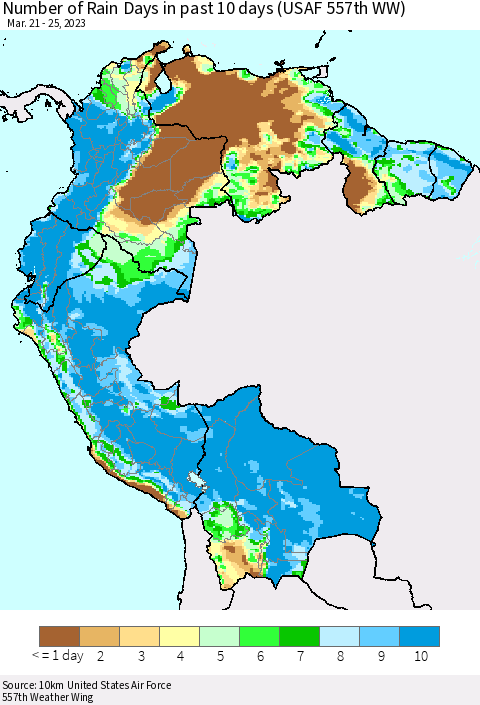 Northern South America Number of Rain Days in past 10 days (USAF 557th WW) Thematic Map For 3/21/2023 - 3/25/2023