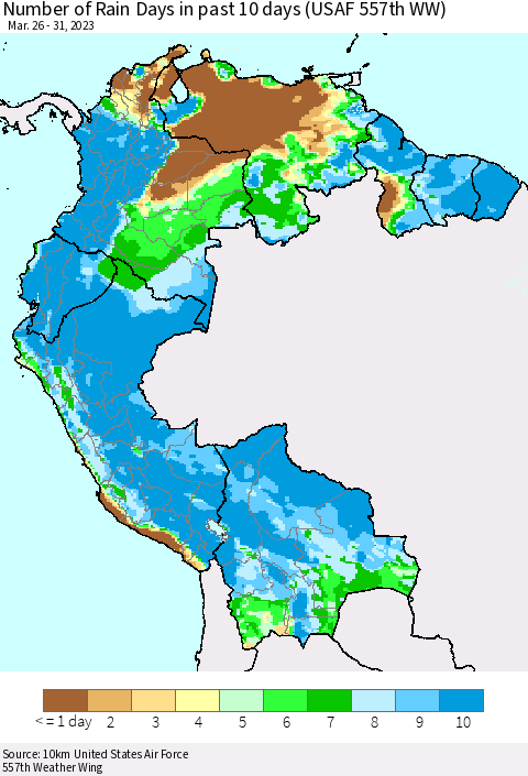 Northern South America Number of Rain Days in past 10 days (USAF 557th WW) Thematic Map For 3/26/2023 - 3/31/2023