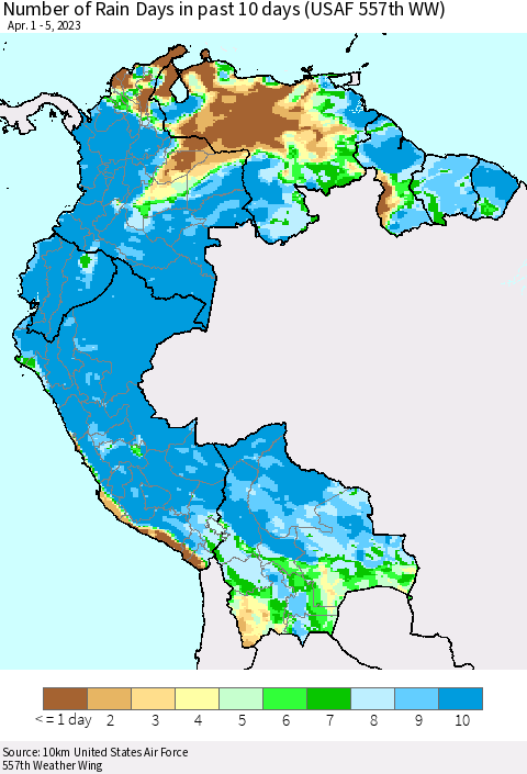 Northern South America Number of Rain Days in past 10 days (USAF 557th WW) Thematic Map For 4/1/2023 - 4/5/2023