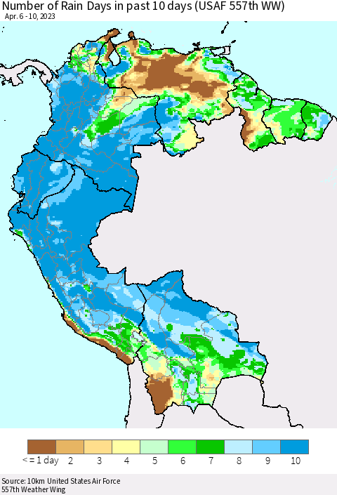 Northern South America Number of Rain Days in past 10 days (USAF 557th WW) Thematic Map For 4/6/2023 - 4/10/2023