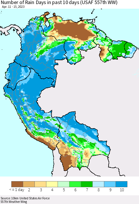 Northern South America Number of Rain Days in past 10 days (USAF 557th WW) Thematic Map For 4/11/2023 - 4/15/2023