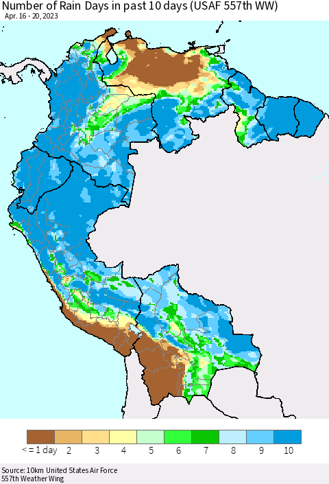 Northern South America Number of Rain Days in past 10 days (USAF 557th WW) Thematic Map For 4/16/2023 - 4/20/2023
