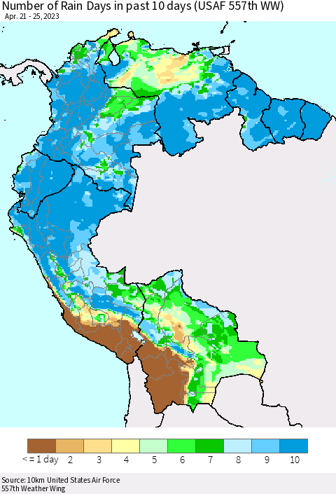 Northern South America Number of Rain Days in past 10 days (USAF 557th WW) Thematic Map For 4/21/2023 - 4/25/2023
