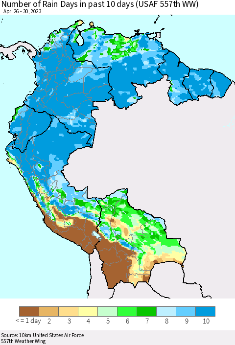 Northern South America Number of Rain Days in past 10 days (USAF 557th WW) Thematic Map For 4/26/2023 - 4/30/2023