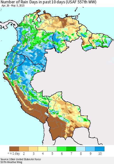 Northern South America Number of Rain Days in past 10 days (USAF 557th WW) Thematic Map For 5/1/2023 - 5/5/2023