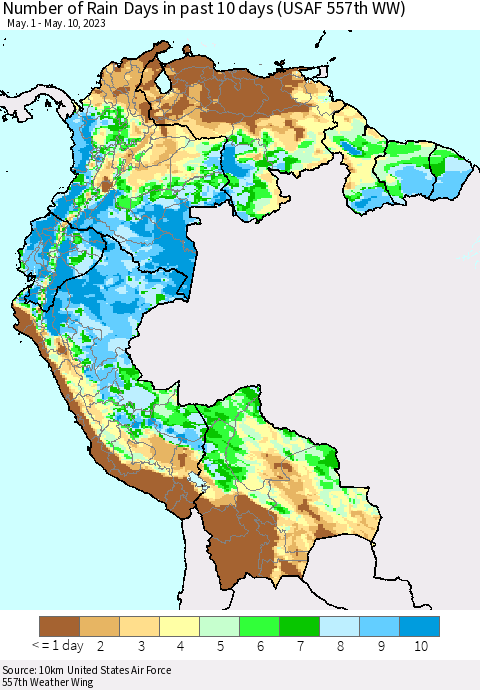 Northern South America Number of Rain Days in past 10 days (USAF 557th WW) Thematic Map For 5/6/2023 - 5/10/2023