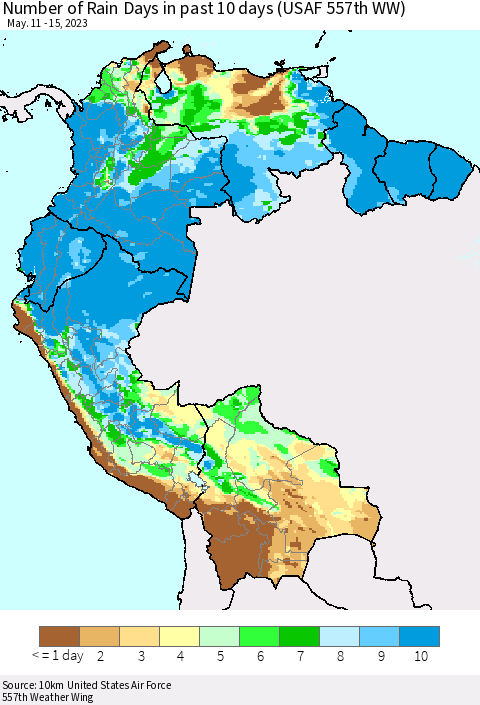 Northern South America Number of Rain Days in past 10 days (USAF 557th WW) Thematic Map For 5/11/2023 - 5/15/2023