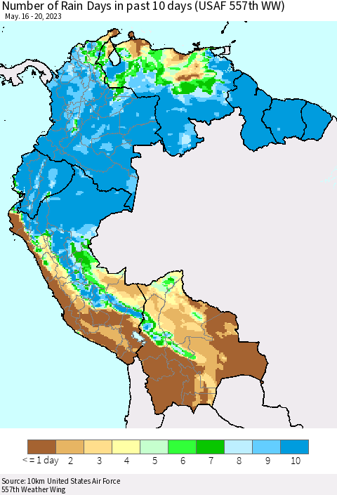 Northern South America Number of Rain Days in past 10 days (USAF 557th WW) Thematic Map For 5/16/2023 - 5/20/2023