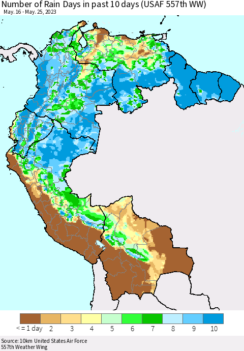 Northern South America Number of Rain Days in past 10 days (USAF 557th WW) Thematic Map For 5/21/2023 - 5/25/2023