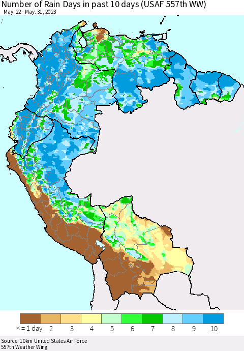 Northern South America Number of Rain Days in past 10 days (USAF 557th WW) Thematic Map For 5/26/2023 - 5/31/2023