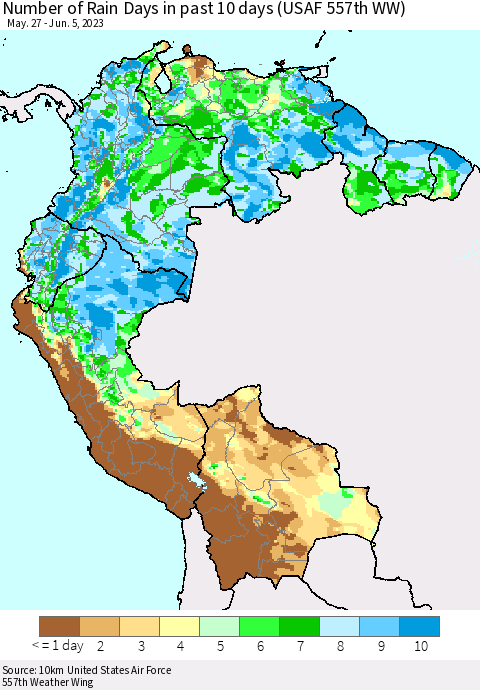 Northern South America Number of Rain Days in past 10 days (USAF 557th WW) Thematic Map For 6/1/2023 - 6/5/2023