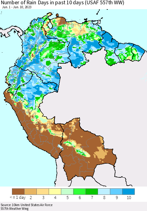 Northern South America Number of Rain Days in past 10 days (USAF 557th WW) Thematic Map For 6/6/2023 - 6/10/2023