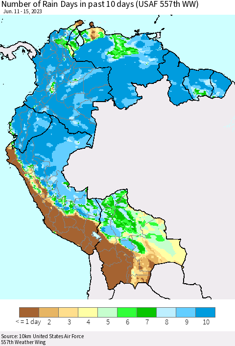 Northern South America Number of Rain Days in past 10 days (USAF 557th WW) Thematic Map For 6/11/2023 - 6/15/2023