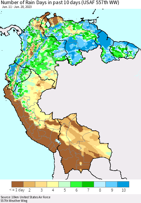 Northern South America Number of Rain Days in past 10 days (USAF 557th WW) Thematic Map For 6/16/2023 - 6/20/2023