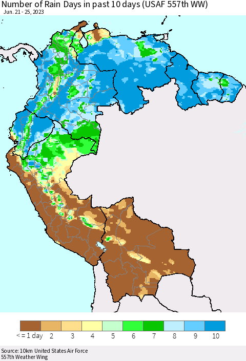 Northern South America Number of Rain Days in past 10 days (USAF 557th WW) Thematic Map For 6/21/2023 - 6/25/2023