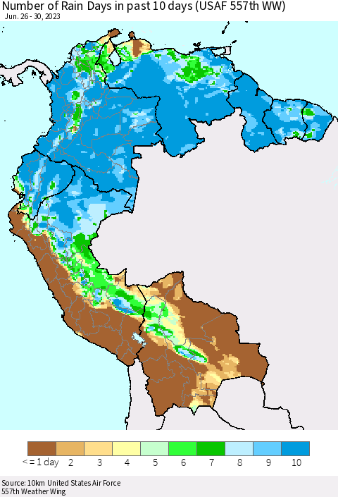 Northern South America Number of Rain Days in past 10 days (USAF 557th WW) Thematic Map For 6/26/2023 - 6/30/2023