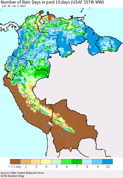 Northern South America Number of Rain Days in past 10 days (USAF 557th WW) Thematic Map For 7/1/2023 - 7/5/2023