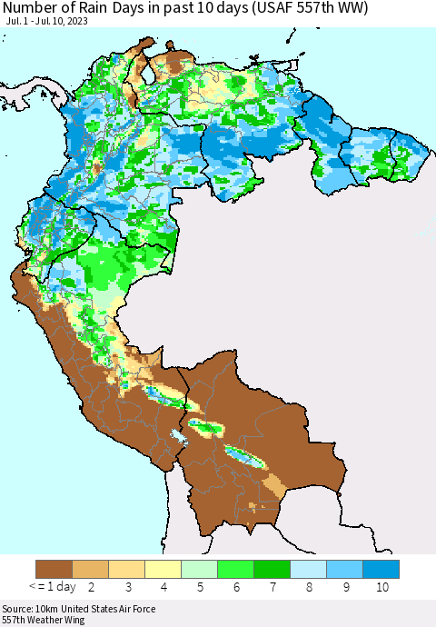 Northern South America Number of Rain Days in past 10 days (USAF 557th WW) Thematic Map For 7/6/2023 - 7/10/2023