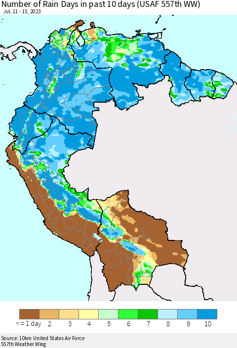 Northern South America Number of Rain Days in past 10 days (USAF 557th WW) Thematic Map For 7/11/2023 - 7/15/2023
