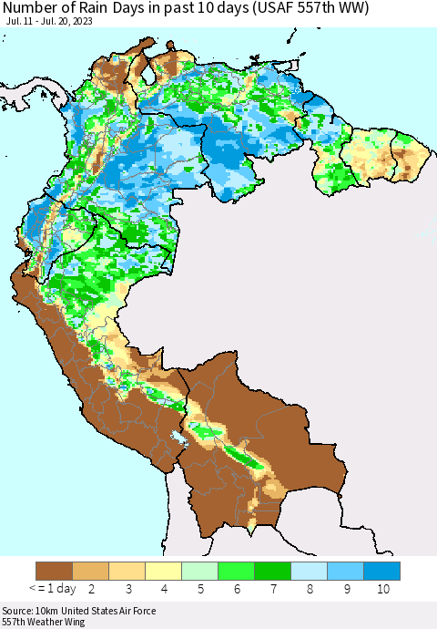 Northern South America Number of Rain Days in past 10 days (USAF 557th WW) Thematic Map For 7/16/2023 - 7/20/2023