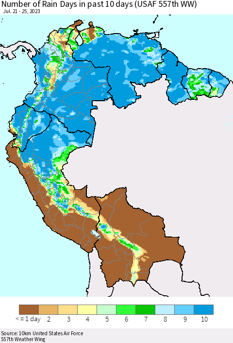 Northern South America Number of Rain Days in past 10 days (USAF 557th WW) Thematic Map For 7/21/2023 - 7/25/2023