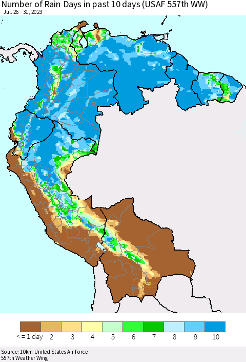 Northern South America Number of Rain Days in past 10 days (USAF 557th WW) Thematic Map For 7/26/2023 - 7/31/2023