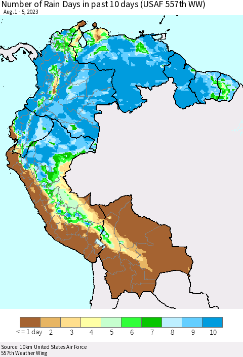 Northern South America Number of Rain Days in past 10 days (USAF 557th WW) Thematic Map For 8/1/2023 - 8/5/2023