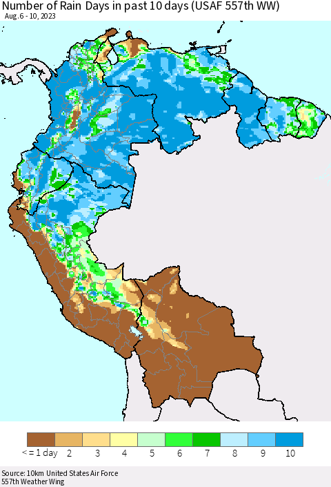 Northern South America Number of Rain Days in past 10 days (USAF 557th WW) Thematic Map For 8/6/2023 - 8/10/2023