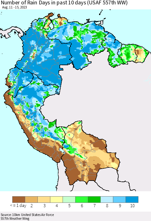 Northern South America Number of Rain Days in past 10 days (USAF 557th WW) Thematic Map For 8/11/2023 - 8/15/2023