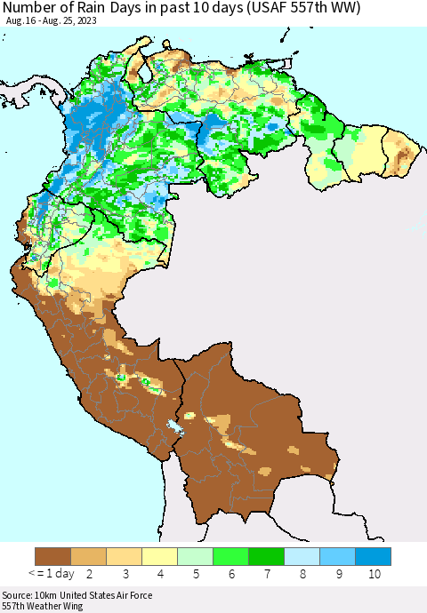 Northern South America Number of Rain Days in past 10 days (USAF 557th WW) Thematic Map For 8/21/2023 - 8/25/2023
