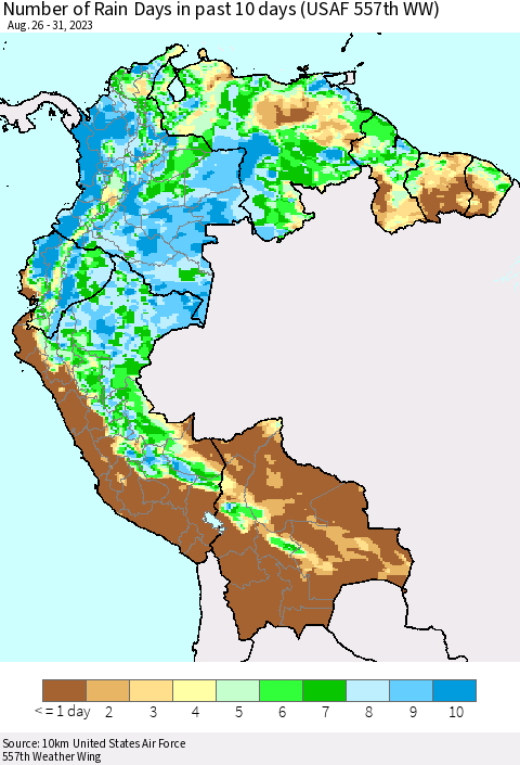 Northern South America Number of Rain Days in past 10 days (USAF 557th WW) Thematic Map For 8/26/2023 - 8/31/2023