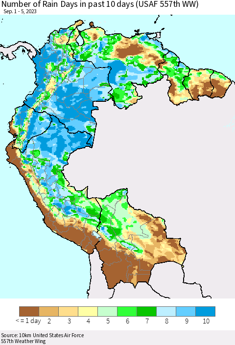Northern South America Number of Rain Days in past 10 days (USAF 557th WW) Thematic Map For 9/1/2023 - 9/5/2023