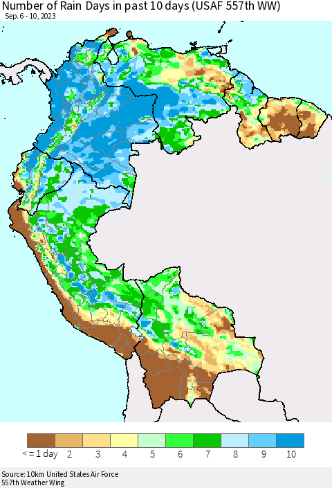 Northern South America Number of Rain Days in past 10 days (USAF 557th WW) Thematic Map For 9/6/2023 - 9/10/2023