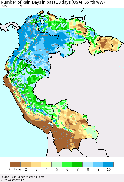 Northern South America Number of Rain Days in past 10 days (USAF 557th WW) Thematic Map For 9/11/2023 - 9/15/2023