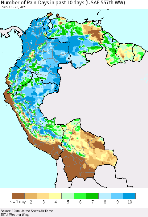 Northern South America Number of Rain Days in past 10 days (USAF 557th WW) Thematic Map For 9/16/2023 - 9/20/2023