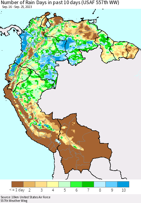 Northern South America Number of Rain Days in past 10 days (USAF 557th WW) Thematic Map For 9/21/2023 - 9/25/2023