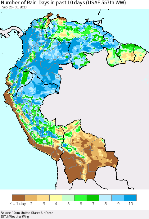 Northern South America Number of Rain Days in past 10 days (USAF 557th WW) Thematic Map For 9/26/2023 - 9/30/2023