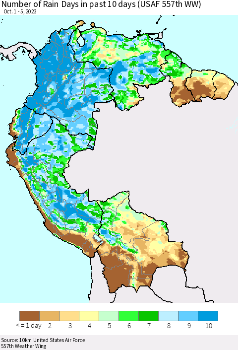Northern South America Number of Rain Days in past 10 days (USAF 557th WW) Thematic Map For 10/1/2023 - 10/5/2023