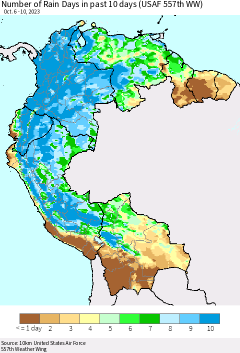 Northern South America Number of Rain Days in past 10 days (USAF 557th WW) Thematic Map For 10/6/2023 - 10/10/2023
