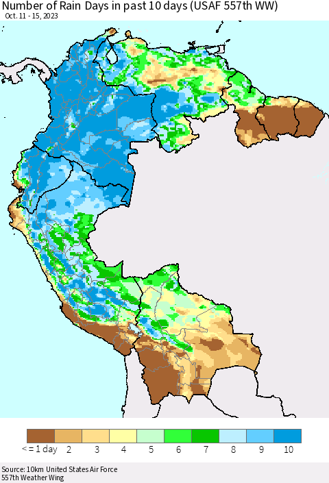 Northern South America Number of Rain Days in past 10 days (USAF 557th WW) Thematic Map For 10/11/2023 - 10/15/2023