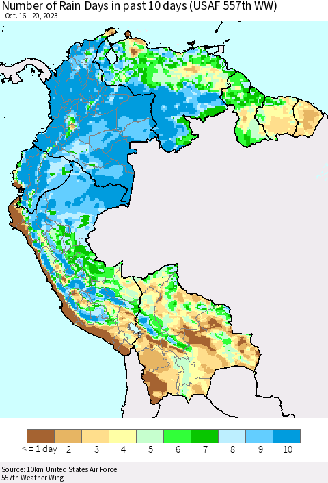 Northern South America Number of Rain Days in past 10 days (USAF 557th WW) Thematic Map For 10/16/2023 - 10/20/2023