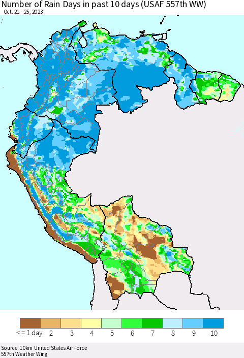Northern South America Number of Rain Days in past 10 days (USAF 557th WW) Thematic Map For 10/21/2023 - 10/25/2023