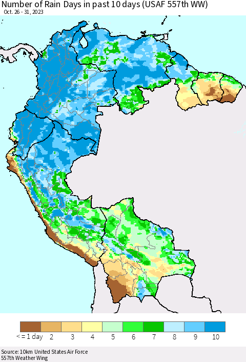 Northern South America Number of Rain Days in past 10 days (USAF 557th WW) Thematic Map For 10/26/2023 - 10/31/2023