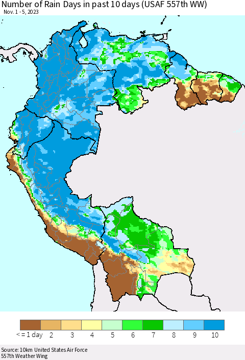 Northern South America Number of Rain Days in past 10 days (USAF 557th WW) Thematic Map For 11/1/2023 - 11/5/2023