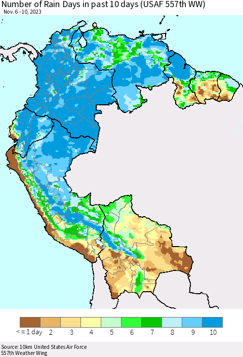 Northern South America Number of Rain Days in past 10 days (USAF 557th WW) Thematic Map For 11/6/2023 - 11/10/2023
